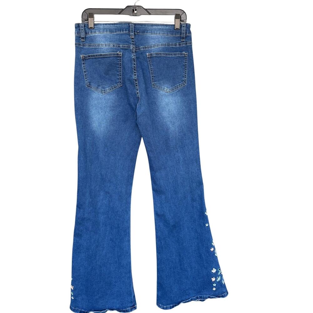Bamboo Jeans Junior 11 Blue Floral Embroidered Stretch Bootcut Flare Bell Bottom - Picture 2 of 9